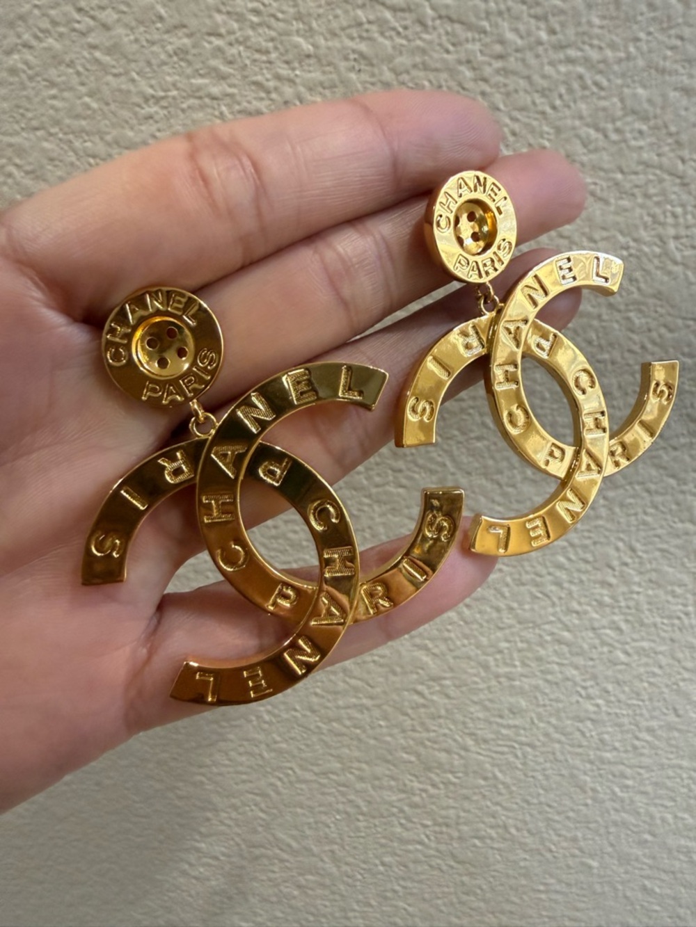 CHANEL Button Gold CC Logo Drop Earrings